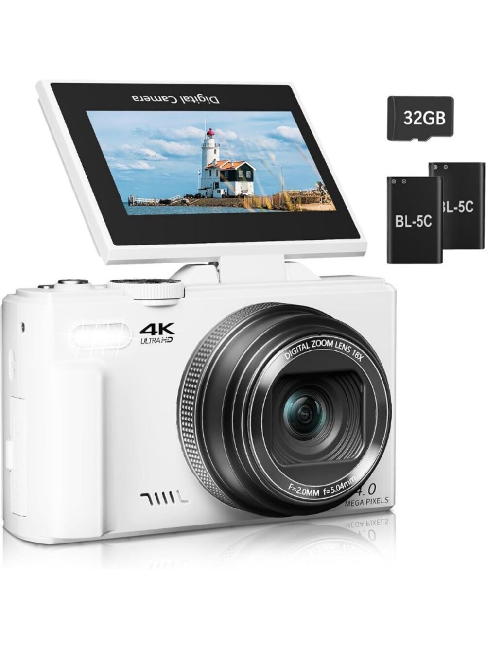 4K Vlogging Camera with 180° Flip Screen, 18X Zoom, Compact, 32GB Card & 2